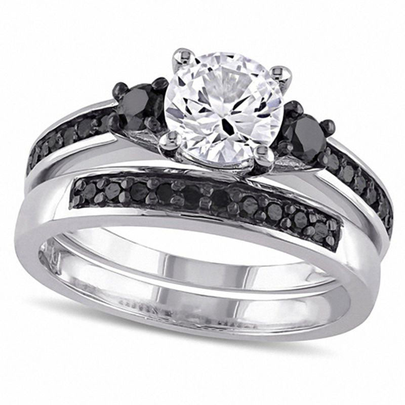 Image of ID 1 Lab-Created White Sapphire and 038 CT TW Enhanced Black Diamond Three Stone Bridal Engagement Ring Set in Sterling Silver