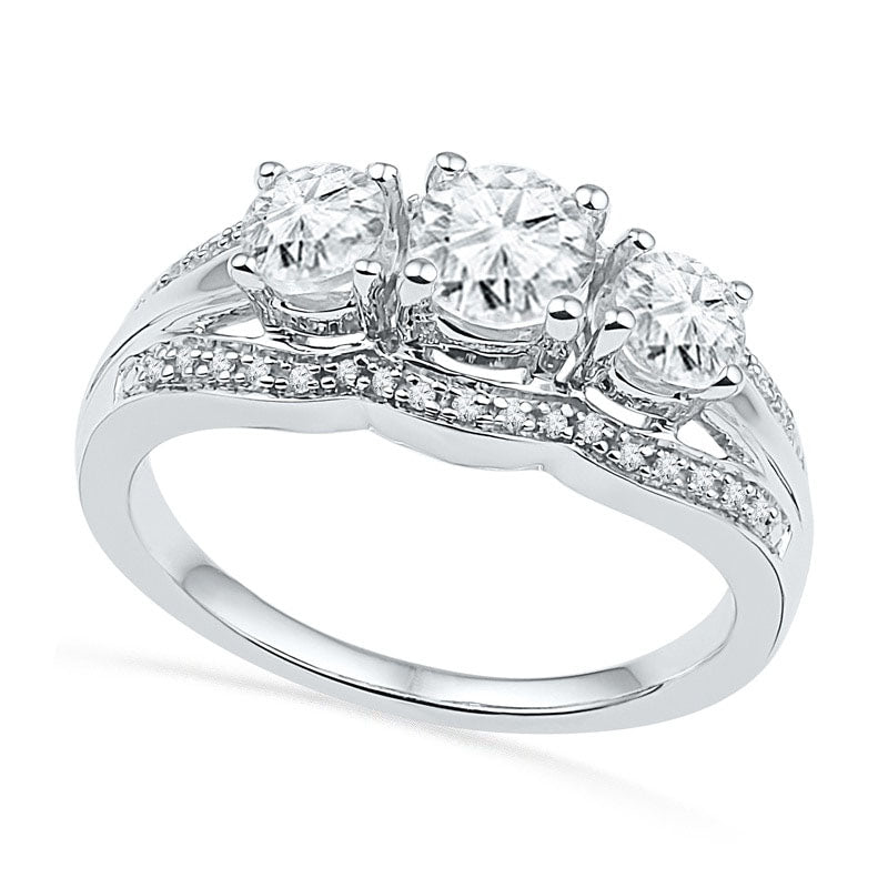 Image of ID 1 Lab-Created White Sapphire and Diamond Accent Frame Three Stone Engagement Ring in Sterling Silver