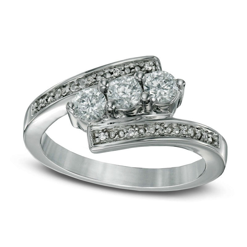 Image of ID 1 Lab-Created White Sapphire and Diamond Accent Three Stone Bypass Ring in Sterling Silver