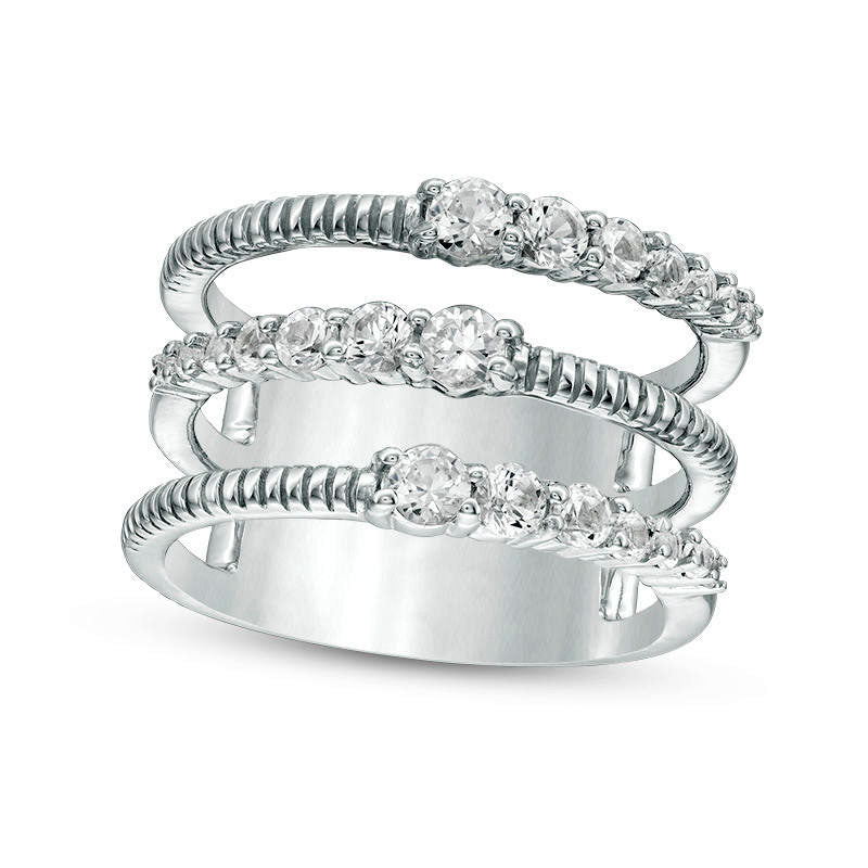Image of ID 1 Lab-Created White Sapphire and Textured Triple Row Open Shank Ring in Sterling Silver