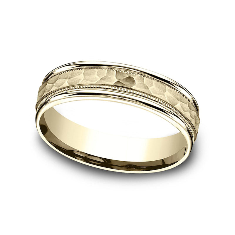 Image of ID 1 Ladies' 60mm Hammered Milgrain Comfort-Fit Wedding Band in Solid 10K Yellow Gold
