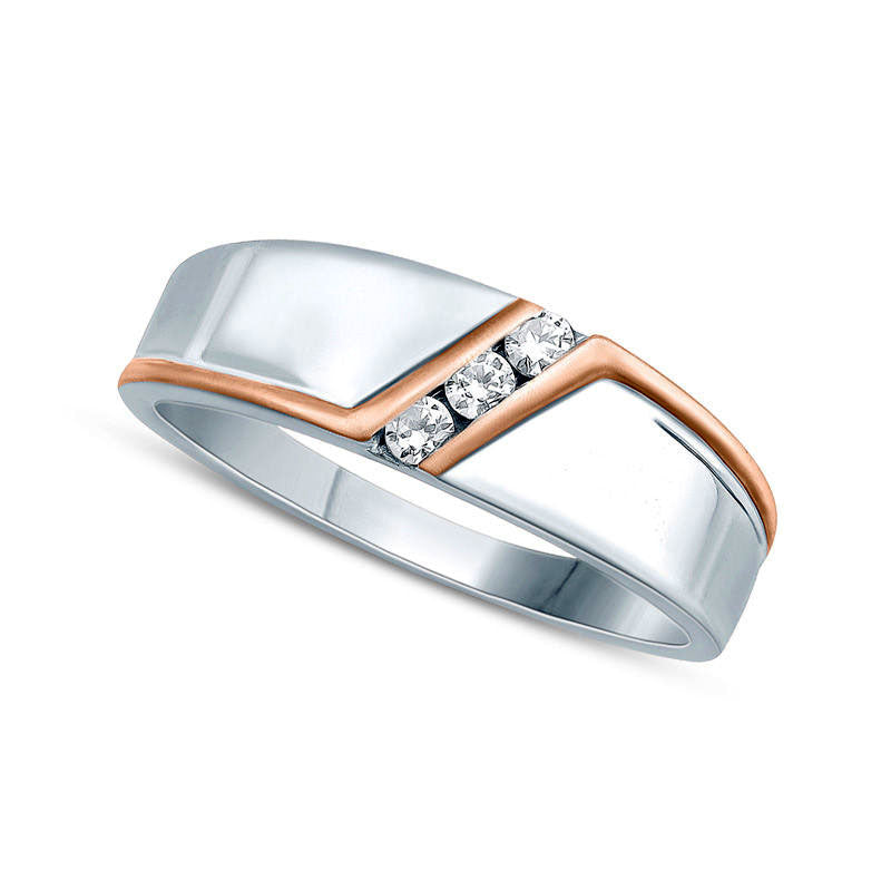Image of ID 1 Ladies Natural Diamond Accent Three Stone Slant Bypass Stripe Wedding Band in Solid 10K Two-Tone Gold