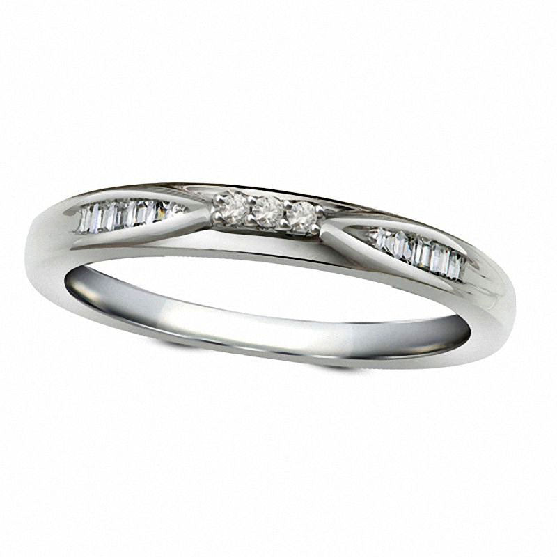 Image of ID 1 Ladies' Natural Diamond Accent Three Stone Wedding Band in Solid 10K White Gold