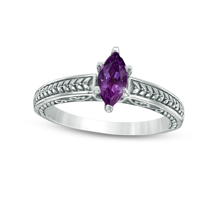 Image of ID 1 Marquise Amethyst Leaf Shank Ring in Sterling Silver