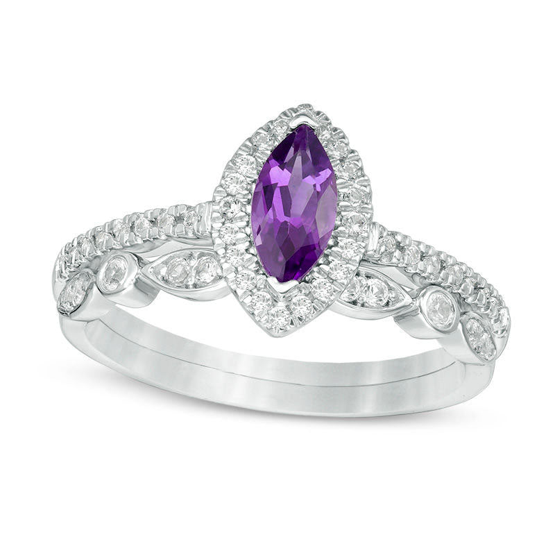 Image of ID 1 Marquise Amethyst and Lab-Created White Sapphire Frame Antique Vintage-Style Bridal Engagement Ring Set in Solid 10K White Gold