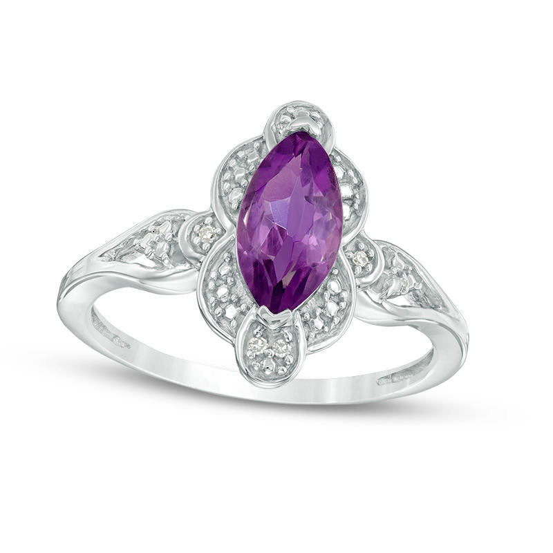 Image of ID 1 Marquise Amethyst and Natural Diamond Accent Scallop Frame Ring in Sterling Silver