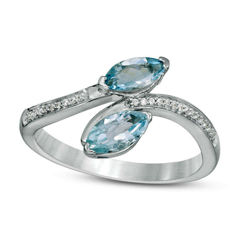 Image of ID 1 Marquise Aquamarine and 004004 CT TW Natural Diamond Bypass Ring in Sterling Silver