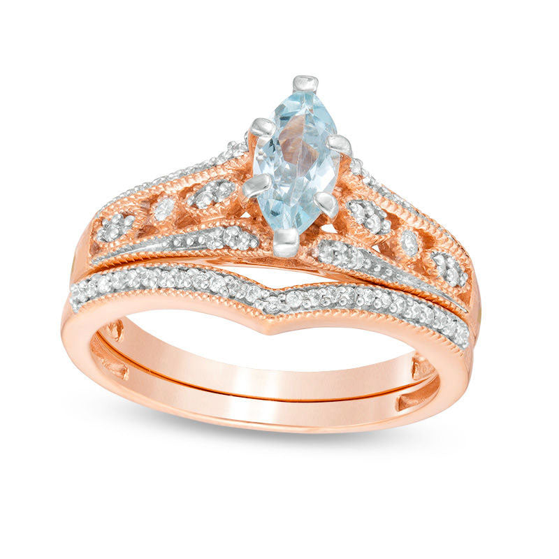 Image of ID 1 Marquise Aquamarine and 020 CT TW Natural Diamond Bridal Engagement Ring Set in Solid 10K Rose Gold