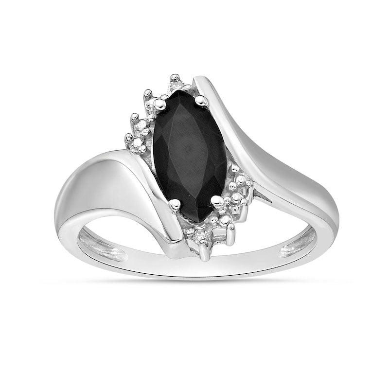 Image of ID 1 Marquise Black Onyx and Natural Diamond Accent Beaded Starburst Border Bypass Ring in Solid 10K White Gold