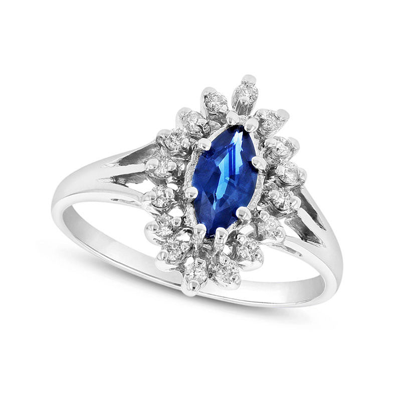 Image of ID 1 Marquise Blue Sapphire and 020 CT T W Natural Diamond Starburst Frame Split Shank Ring in Solid 14K White Gold