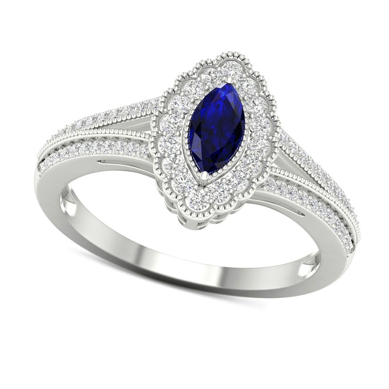 Image of ID 1 Marquise Blue Sapphire and 025 CT TW Natural Diamond Scallop Frame Antique Vintage-Style Split Shank Ring in Solid 10K White Gold