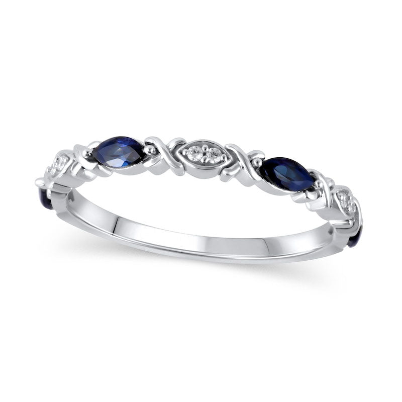 Image of ID 1 Marquise Blue Sapphire and Natural Diamond Accent Duo Alternating XO Stackable Ring in Solid 10K White Gold