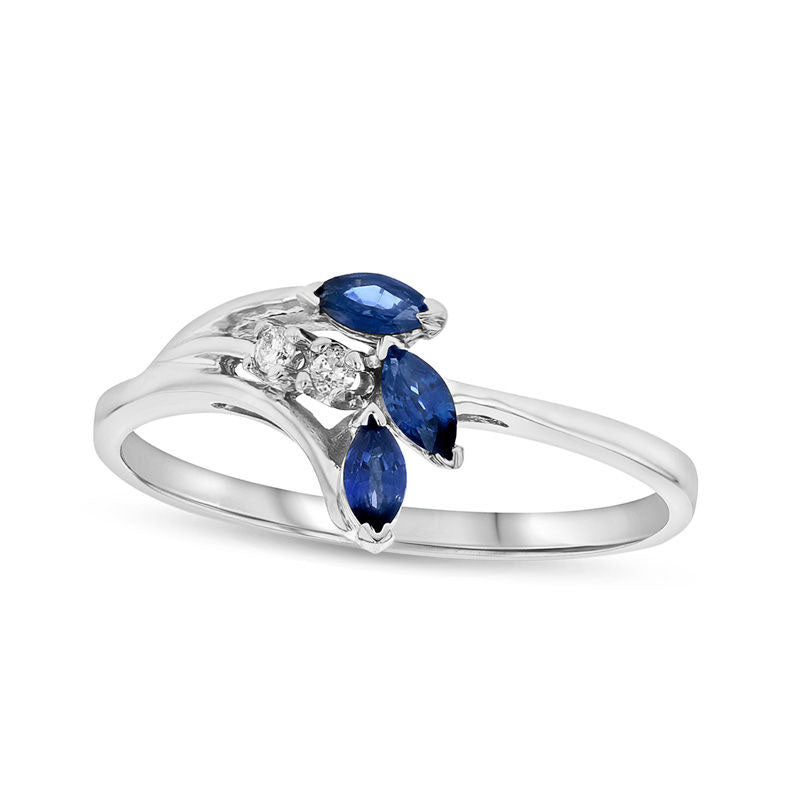 Image of ID 1 Marquise Blue Sapphire and Natural Diamond Accent Three Stone Leaf Ring in Solid 14K White Gold
