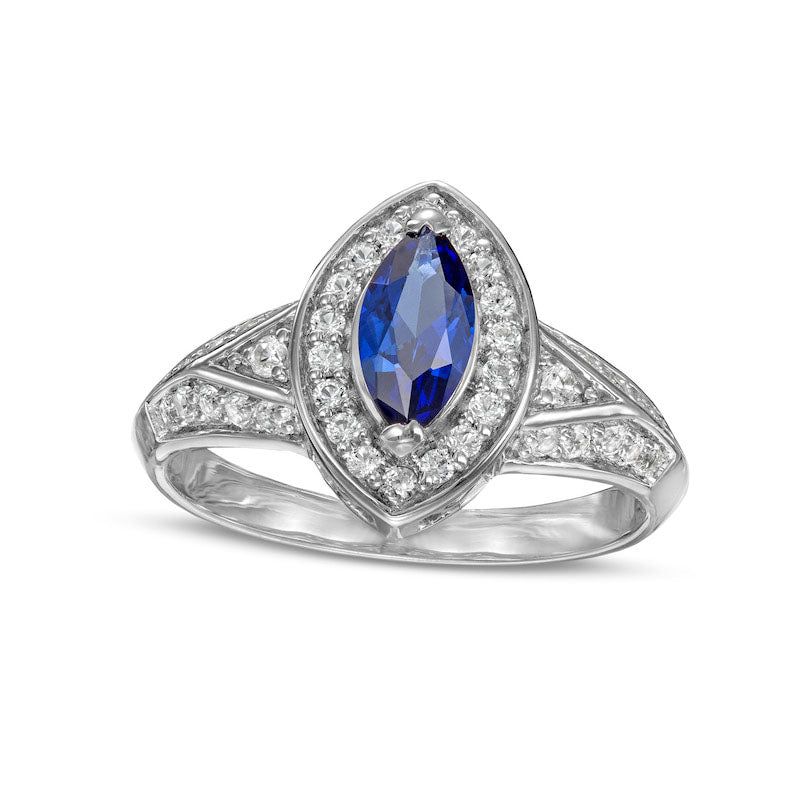 Image of ID 1 Marquise Blue and White Lab-Created Sapphire Frame Ring in Sterling Silver