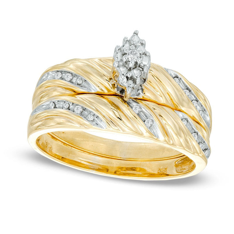 Image of ID 1 Marquise Composite Natural Diamond Accent Beaded Bridal Engagement Ring Set in Solid 10K Yellow Gold