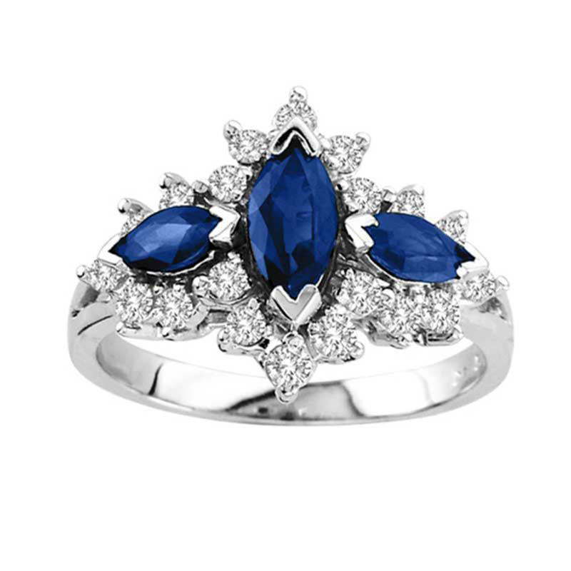 Image of ID 1 Marquise-Cut Blue Sapphire and 050 CT TW Natural Diamond Three Stone Ring in Solid 14K White Gold