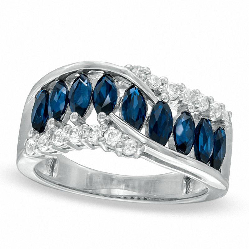 Image of ID 1 Marquise-Cut Lab-Created Blue and White Sapphire Ring in Sterling Silver