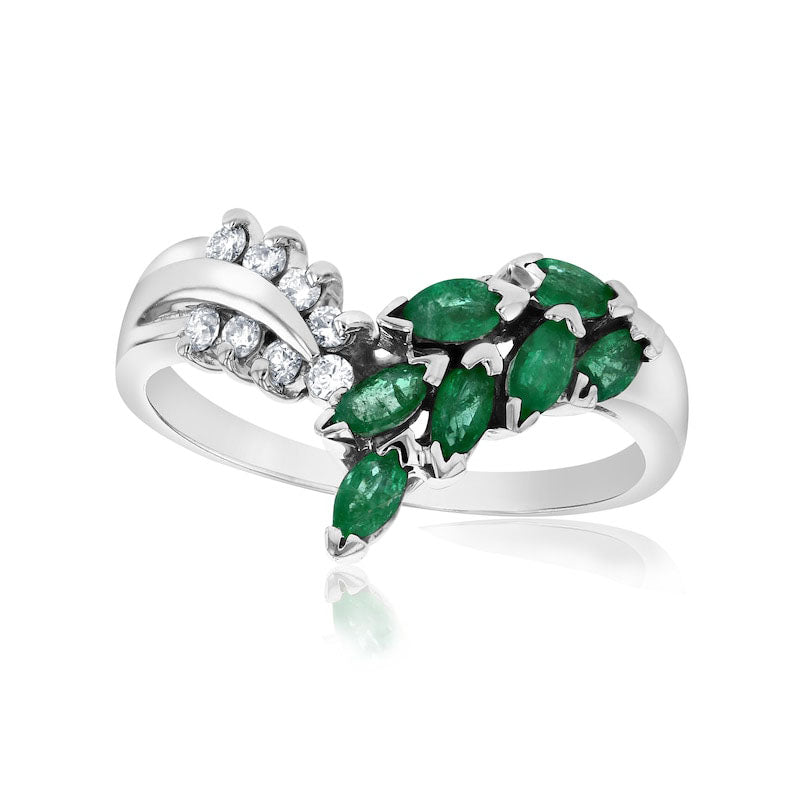 Image of ID 1 Marquise Emerald and 010 CT TW Natural Diamond Leaf Branch Chevron Ring in Solid 14K White Gold