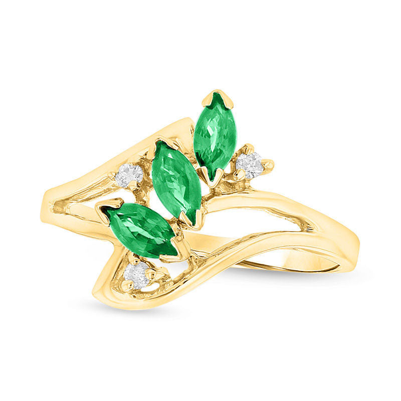 Image of ID 1 Marquise Emerald and Natural Diamond Accent Three Stone Bypass Ring in Solid 14K Gold