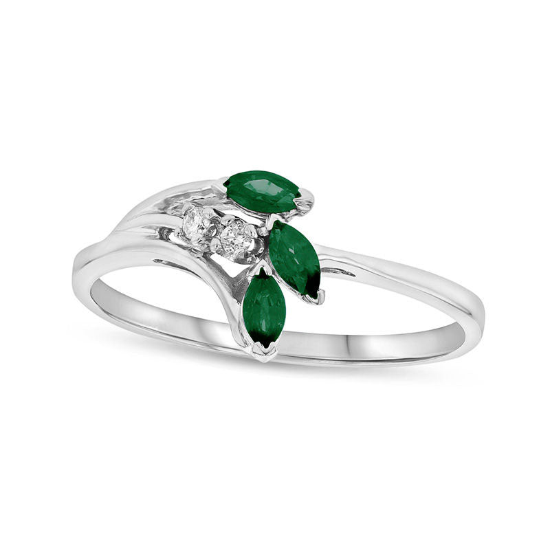 Image of ID 1 Marquise Emerald and Natural Diamond Accent Three Stone Leaf Ring in Solid 14K White Gold