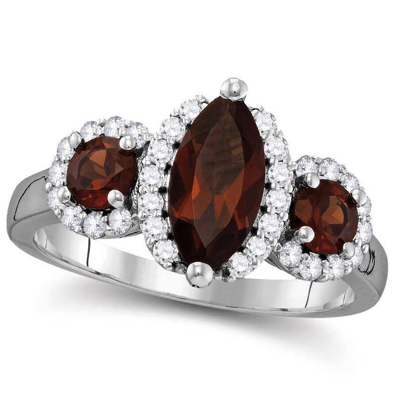 Image of ID 1 Marquise Garnet and 033 CT TW Natural Diamond Frame Three Stone Ring in Solid 14K White Gold