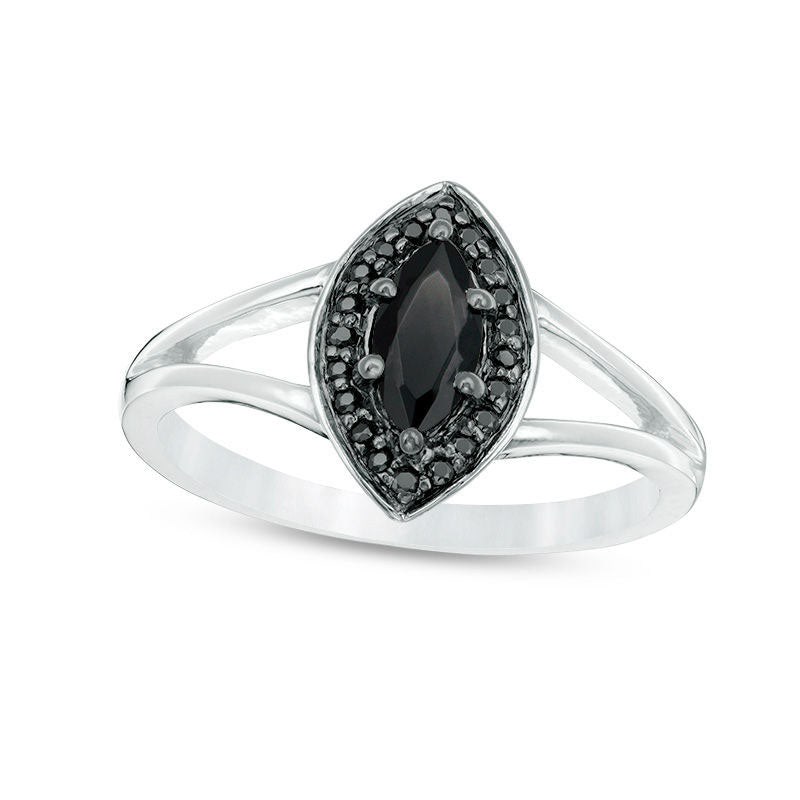 Image of ID 1 Marquise Lab-Created Black Sapphire and 010 CT TW Enhanced Black Diamond Frame Split Shank Ring in Sterling Silver