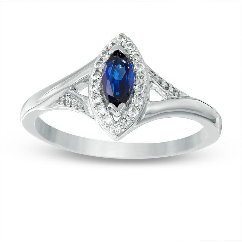 Image of ID 1 Marquise Lab-Created Blue Sapphire and 010 CT TW Diamond Frame Split Shank Ring in Sterling Silver