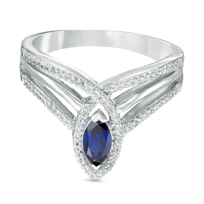 Image of ID 1 Marquise Lab-Created Blue Sapphire and 033 CT TW Diamond Frame Triple Row Ring in Sterling Silver