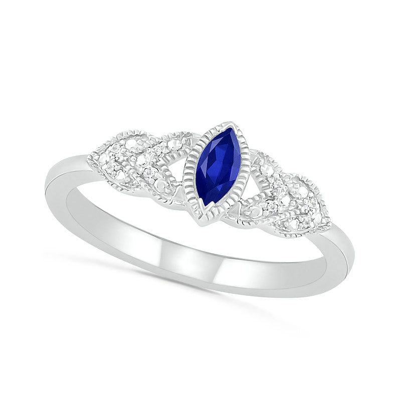 Image of ID 1 Marquise Lab-Created Blue Sapphire and Diamond Accent Layered Leaf-Sides Antique Vintage-Style Ring in Sterling Silver