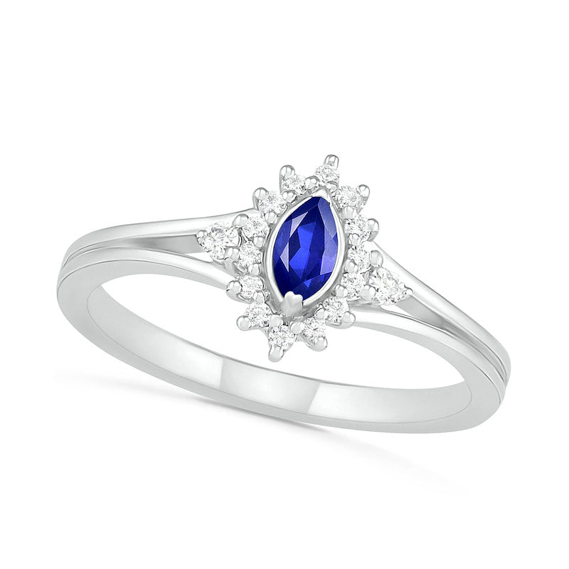 Image of ID 1 Marquise Lab-Created Blue and White Sapphire Starburst Frame Split Shank Ring in Sterling Silver
