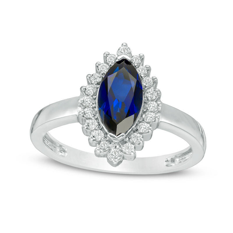 Image of ID 1 Marquise Lab-Created Blue and White Sapphire Sunburst Frame Ring in Sterling Silver