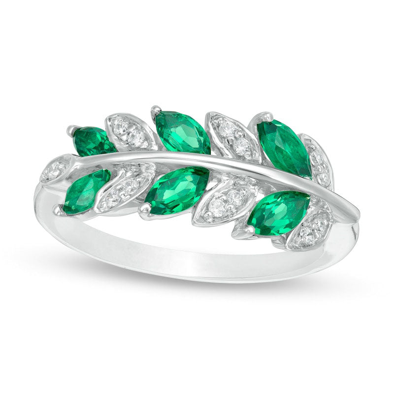 Image of ID 1 Marquise Lab-Created Emerald and 007 CT TW Diamond Leaves Ring in Sterling Silver