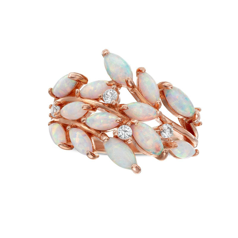 Image of ID 1 Marquise Lab-Created Opal and White Lab-Created Sapphire Leaf Vine Bypass Ring in Solid 18K Rose Gold Over Silver
