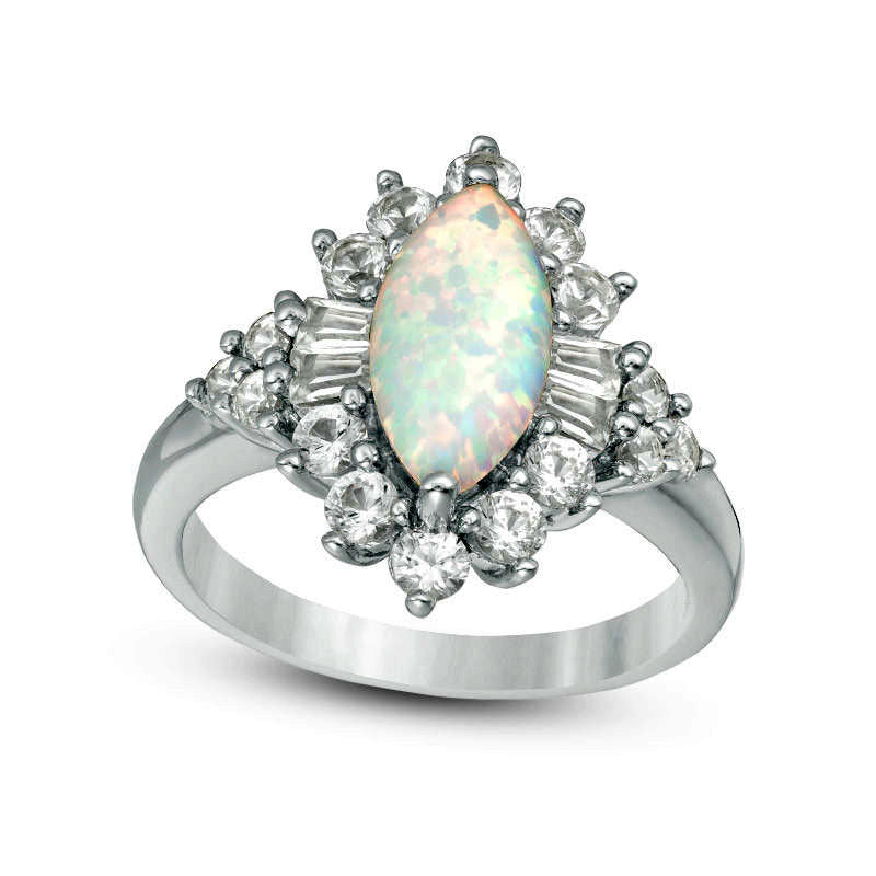 Image of ID 1 Marquise Lab-Created Opal and White Sapphire Starburst Frame Ring in Sterling Silver