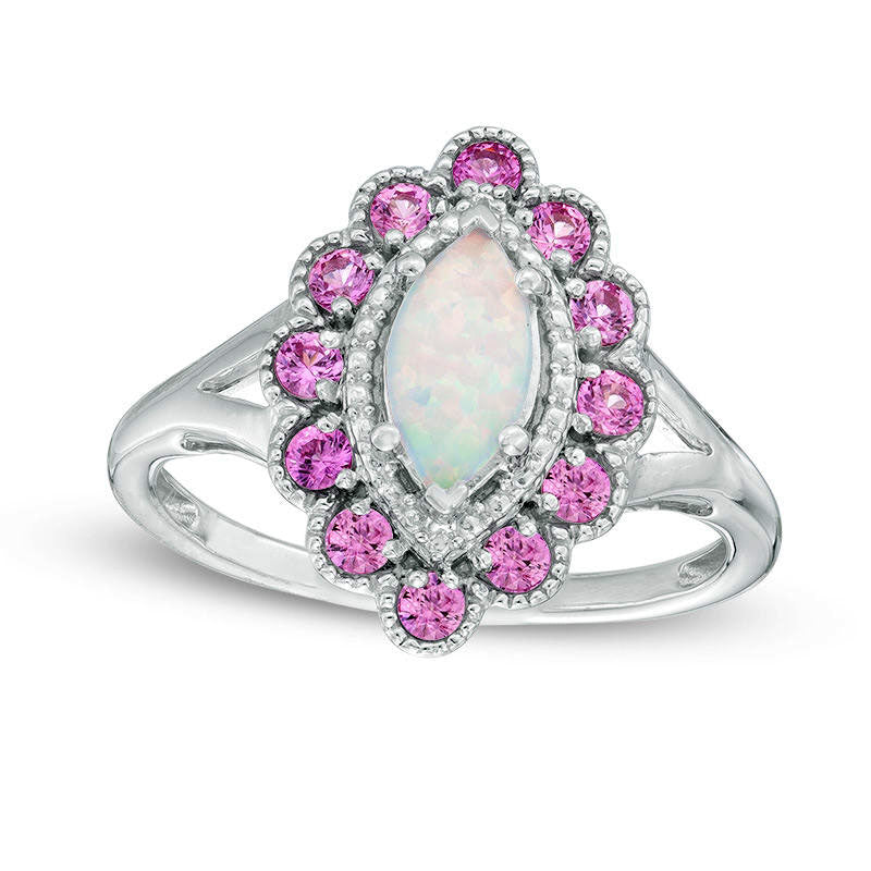 Image of ID 1 Marquise Lab-Created Opal with Pink and White Sapphire Scallop Frame Ring in Sterling Silver