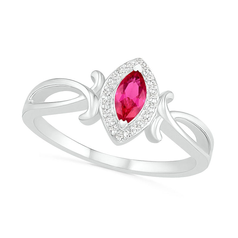 Image of ID 1 Marquise Lab-Created Ruby and 005 CT TW Diamond Frame Crossover Split Shank Ring in Sterling Silver