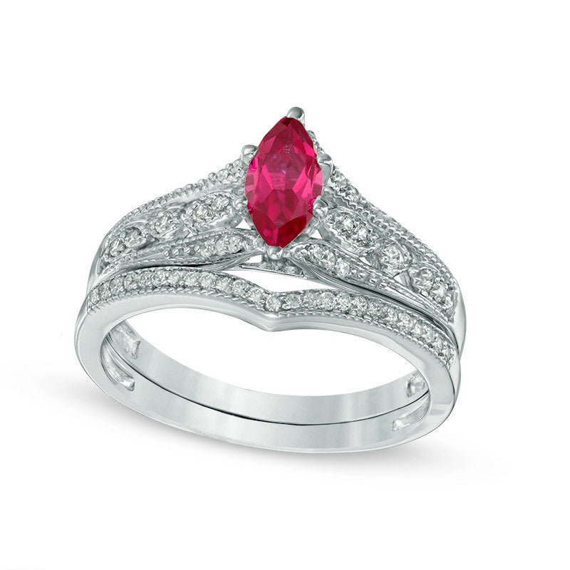 Image of ID 1 Marquise Lab-Created Ruby and 020 CT TW Diamond Antique Vintage-Style Bridal Engagement Ring Set in Solid 10K White Gold