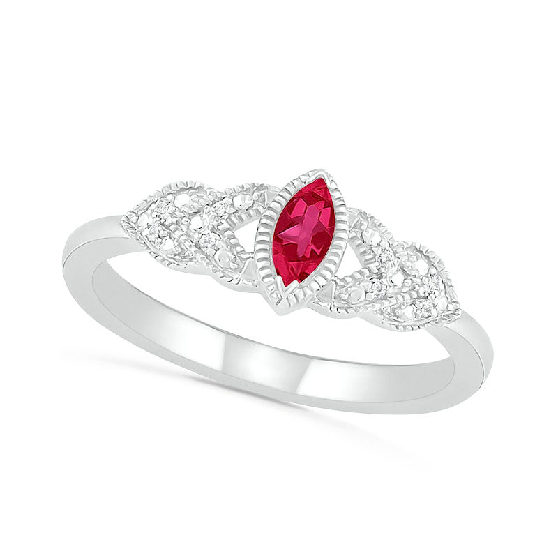 Image of ID 1 Marquise Lab-Created Ruby and Diamond Accent Layered Leaf-Sides Antique Vintage-Style Ring in Sterling Silver