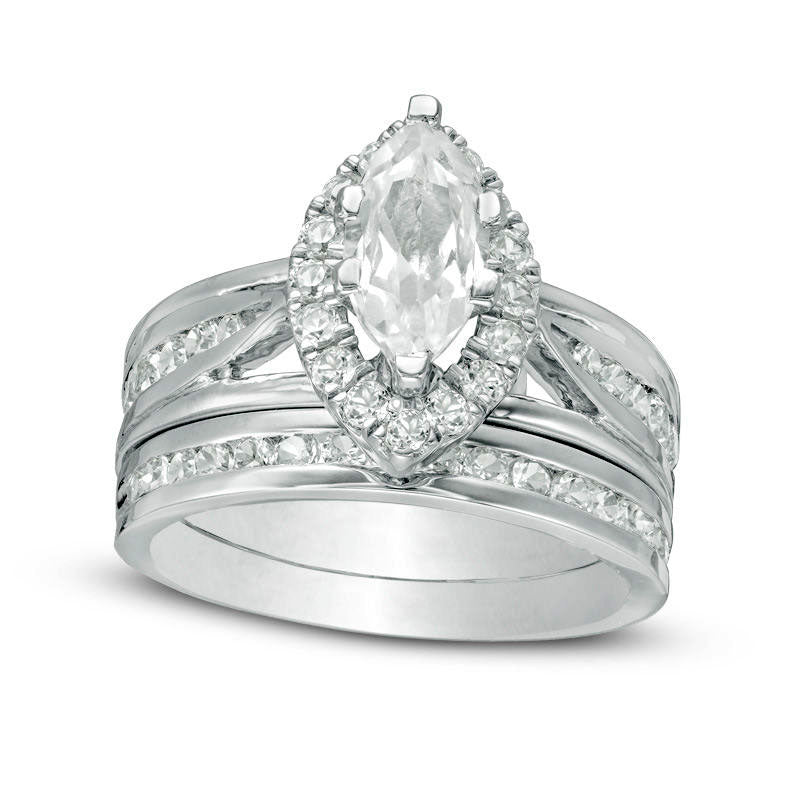 Image of ID 1 Marquise Lab-Created White Sapphire Frame Bridal Engagement Ring Set in Sterling Silver