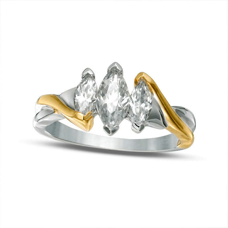 Image of ID 1 Marquise Lab-Created White Sapphire Three Stone Engagement Ring in Sterling Silver and Solid 10K Yellow Gold