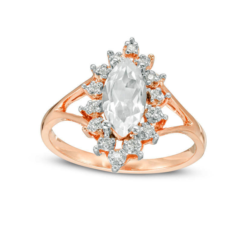Image of ID 1 Marquise Lab-Created White Sapphire and 007 CT TW Diamond Sunburst Frame Engagement Ring in Solid 10K Rose Gold