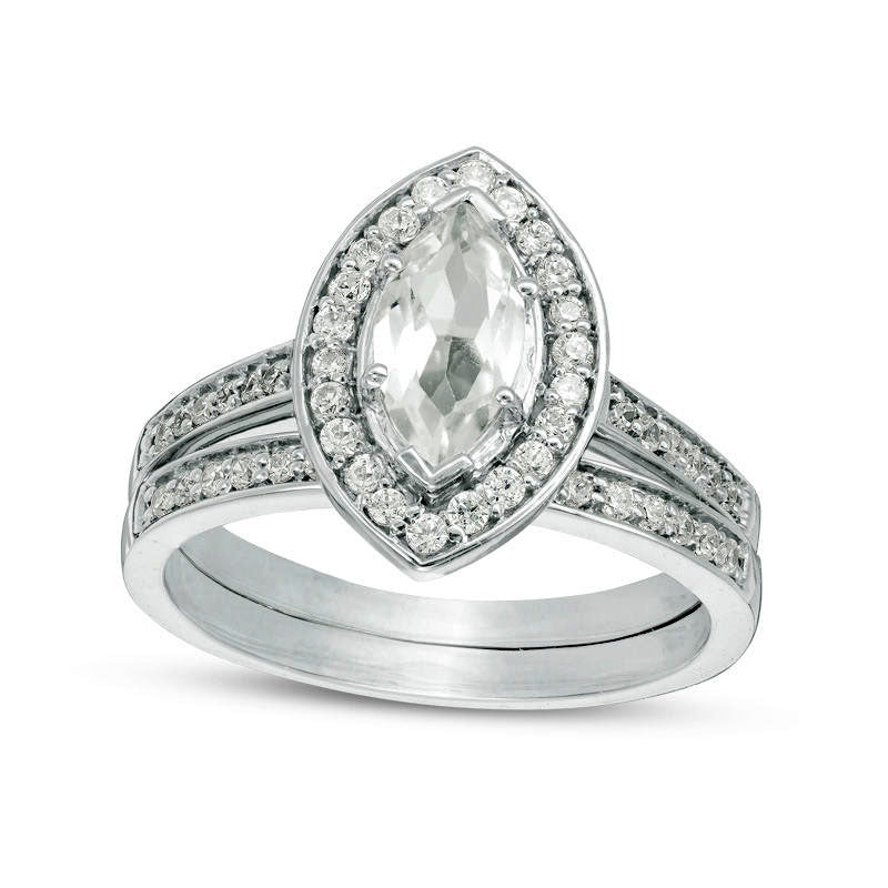 Image of ID 1 Marquise Lab-Created White Sapphire and 033 CT TW Diamond Frame Bridal Engagement Ring Set in Sterling Silver