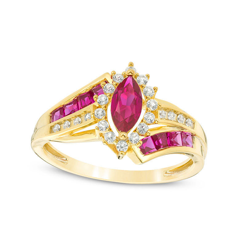 Image of ID 1 Marquise Ruby and 017 CT TW Natural Diamond Double Row Bypass Ring in Solid 10K Yellow Gold