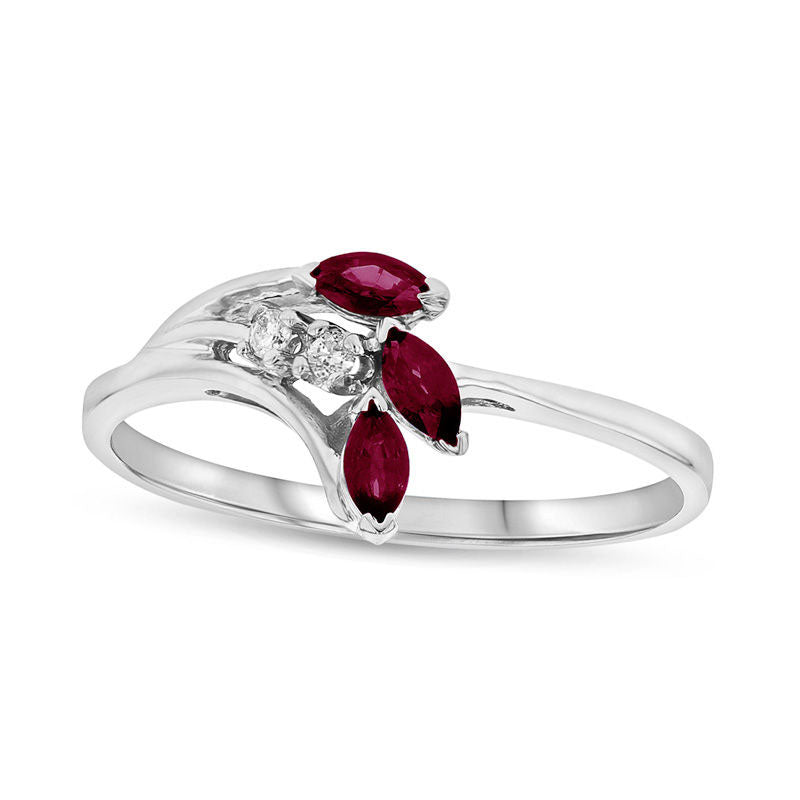 Image of ID 1 Marquise Ruby and Natural Diamond Accent Three Stone Leaf Ring in Solid 14K White Gold