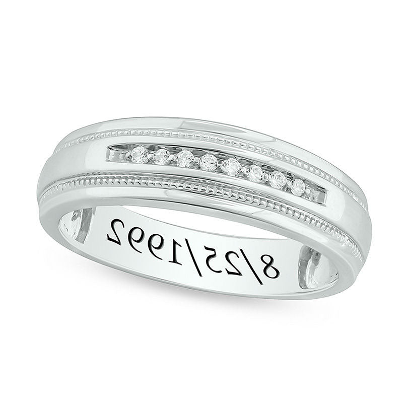 Image of ID 1 Men's 007 CT TW Natural Diamond Milgrain Stepped Edge Engravable Wedding Band in Sterling Silver (1 Line)