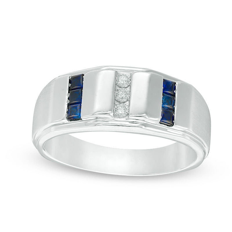 Image of ID 1 Men's 010 CT TW Diamond and Square-Cut Lab-Created Blue Sapphire Bar Ring in Sterling Silver