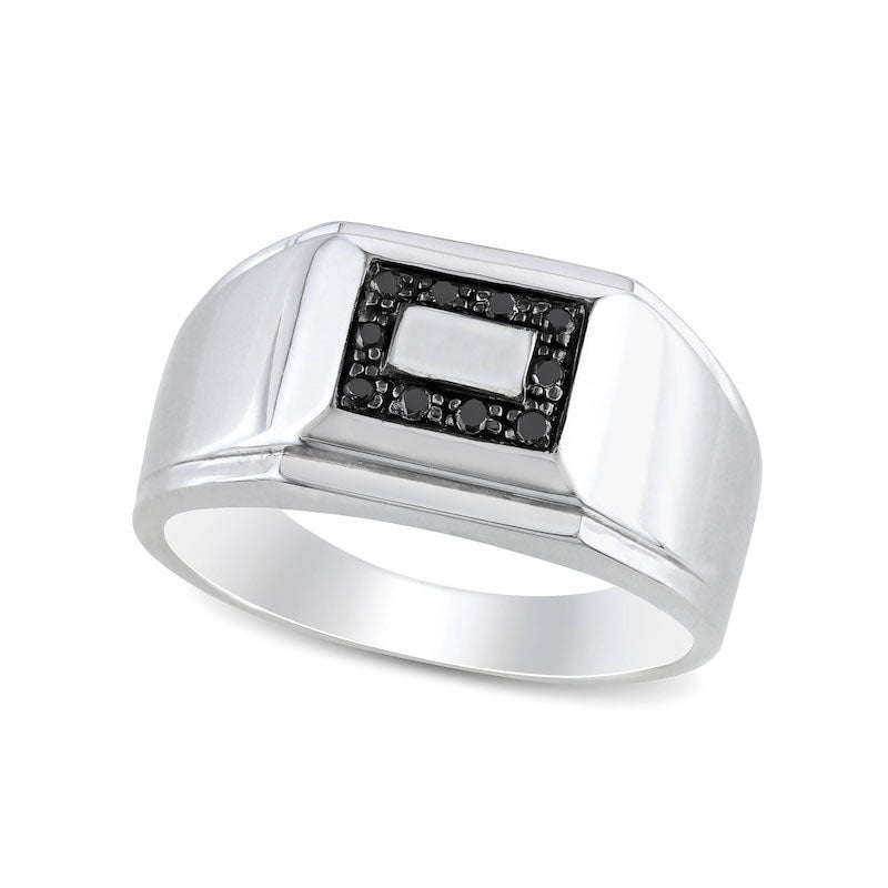Image of ID 1 Men's 010 CT TW Enhanced Black Natural Diamond Rectangular Frame Stepped Edge Signet Ring in Sterling Silver