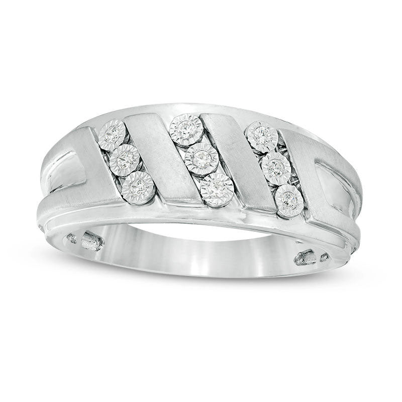 Image of ID 1 Men's 010 CT TW Natural Diamond Triple Row Slant Multi-Finish Ring in Sterling Silver