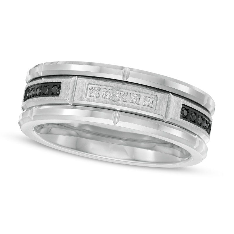 Image of ID 1 Men's 013 CT TW Black Enhanced and White Natural Diamond Brick Pattern Wedding Band in Tungsten and Black IP - Size 10