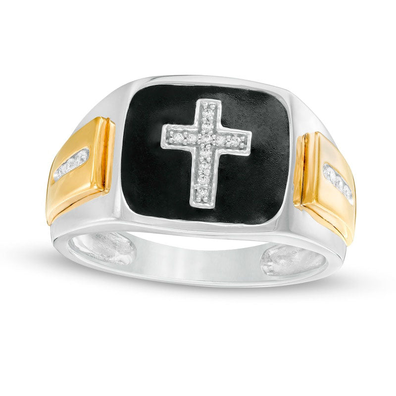 Image of ID 1 Men's 013 CT TW Natural Diamond Cross and Black Enamel Square-Top Stepped Edge Ring in Solid 10K Two-Tone Gold